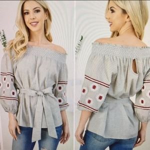 🎄 - NWT RYU sz M Grey Cotton Embroidered Blouse